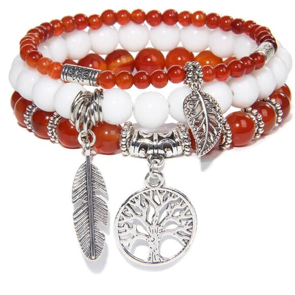 Tree of Life Chakra Beaded Bracelets Red Jasper & White colours 3PCS (SKU: 18MI) - Picture 1 of 6